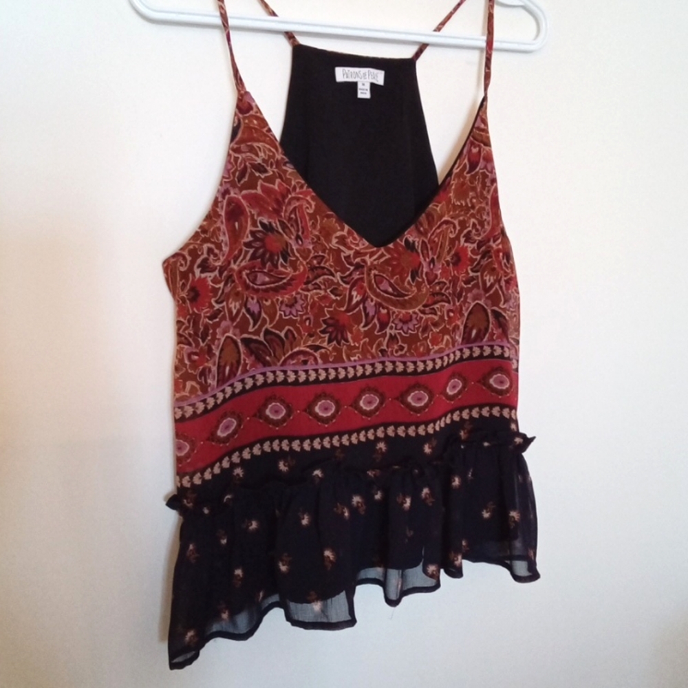 Patrons of Peace Red Rust Paisley Ruffled Tank Top